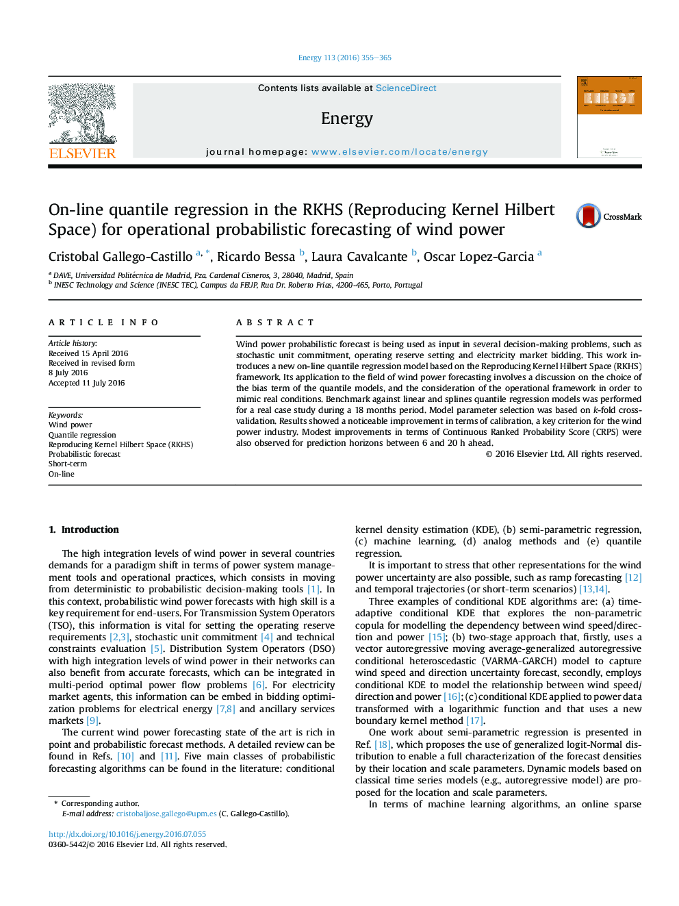 On-line quantile regression in the RKHS (Reproducing Kernel Hilbert Space) for operational probabilistic forecasting of wind power