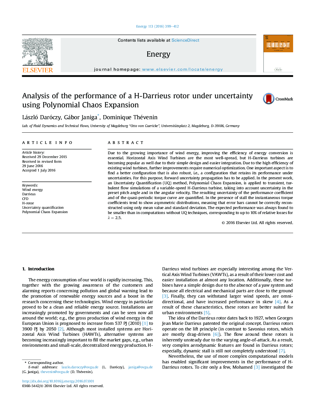 Analysis of the performance of a H-Darrieus rotor under uncertainty using Polynomial Chaos Expansion