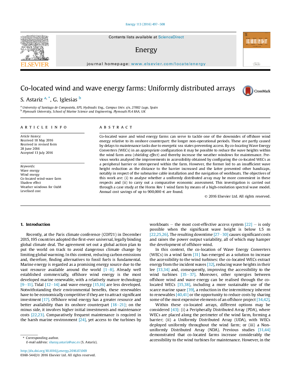 Co-located wind and wave energy farms: Uniformly distributed arrays