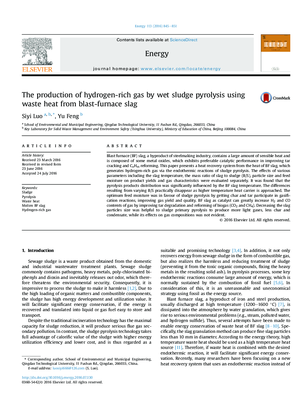 The production of hydrogen-rich gas by wet sludge pyrolysis using waste heat from blast-furnace slag