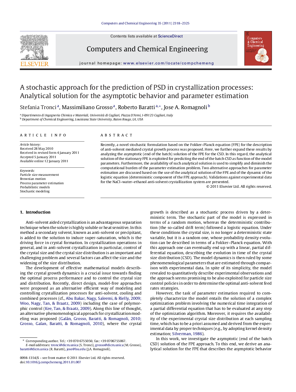 A stochastic approach for the prediction of PSD in crystallization processes: Analytical solution for the asymptotic behavior and parameter estimation