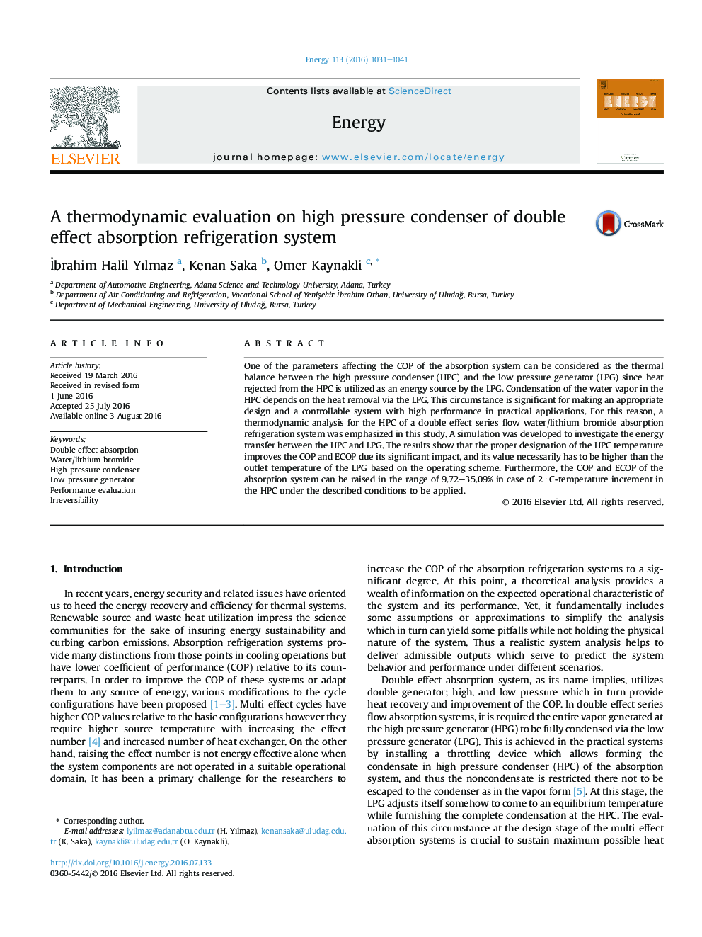 A thermodynamic evaluation on high pressure condenser of double effect absorption refrigeration system