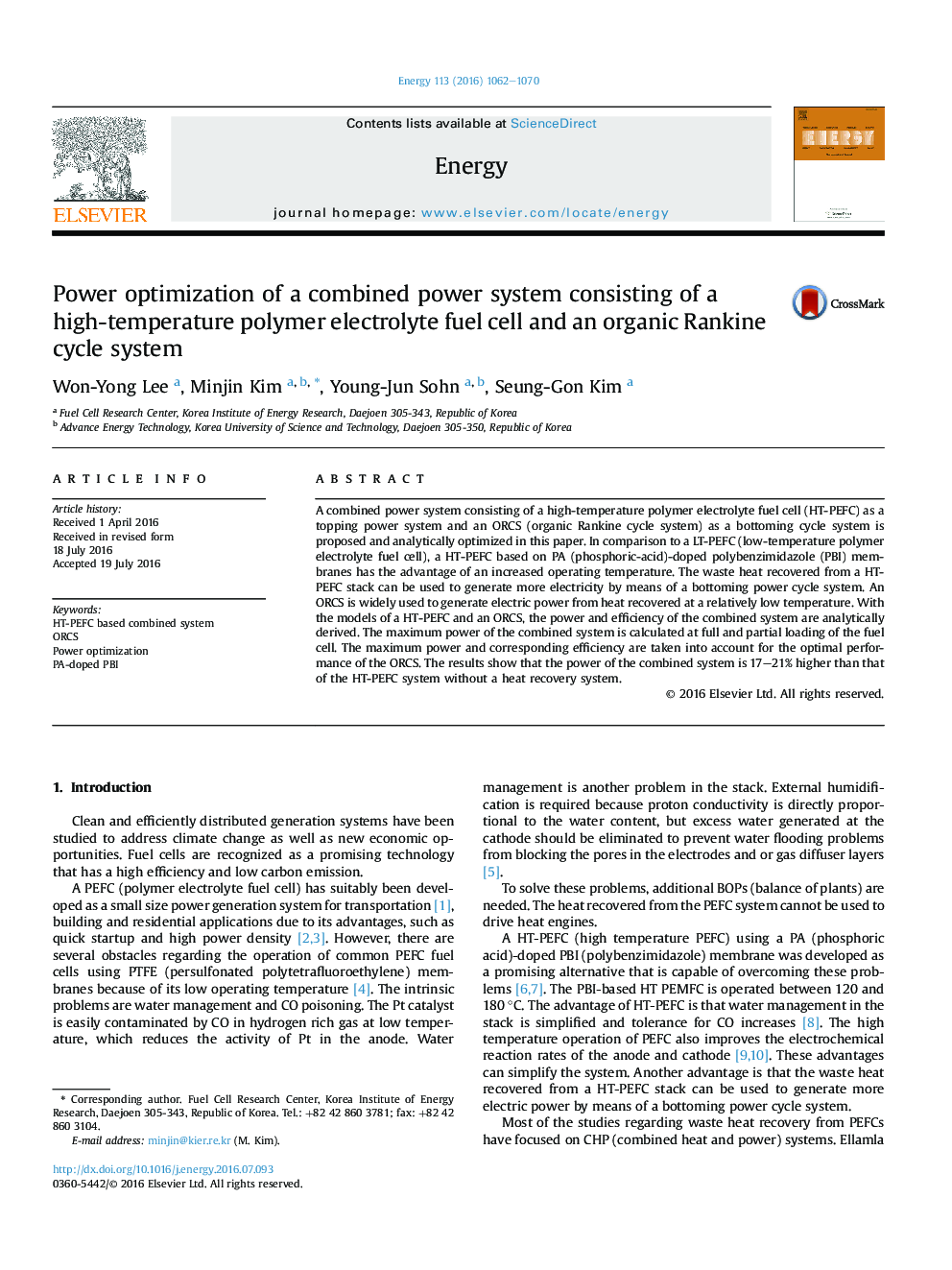 Power optimization of a combined power system consisting of a high-temperature polymer electrolyte fuel cell and an organic Rankine cycle system