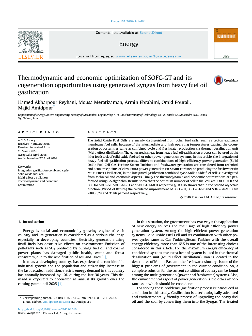 Thermodynamic and economic optimization of SOFC-GT and its cogeneration opportunities using generated syngas from heavy fuel oil gasification