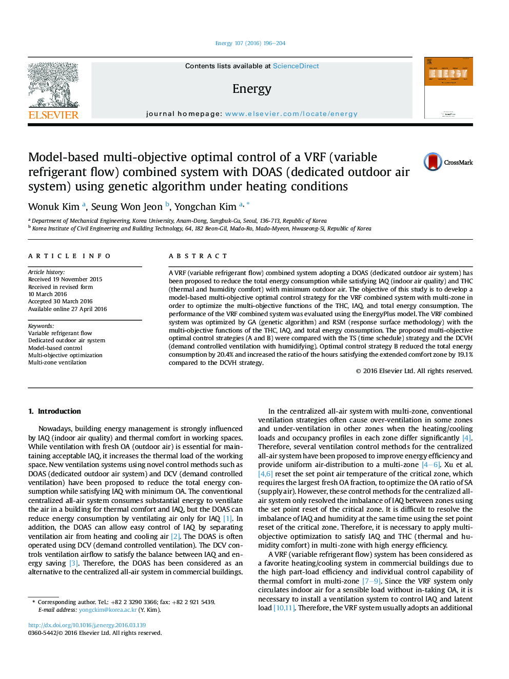 Model-based multi-objective optimal control of a VRF (variable refrigerant flow) combined system with DOAS (dedicated outdoor air system) using genetic algorithm under heating conditions