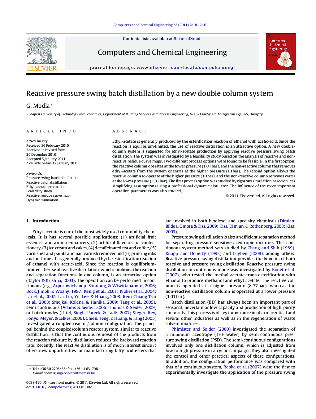 Reactive pressure swing batch distillation by a new double column system