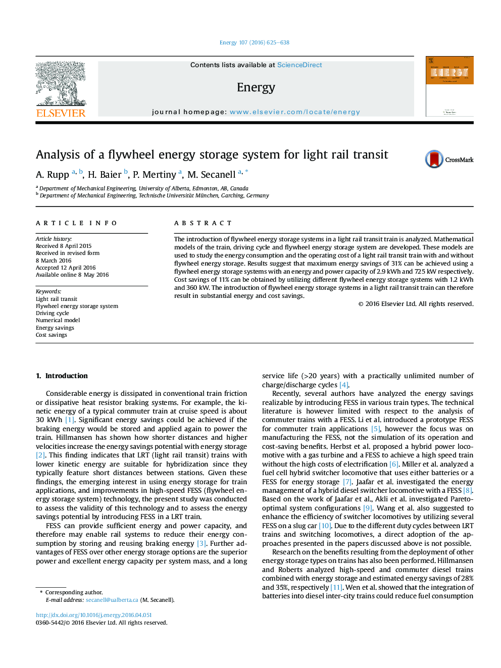 Analysis of a flywheel energy storage system for light rail transit