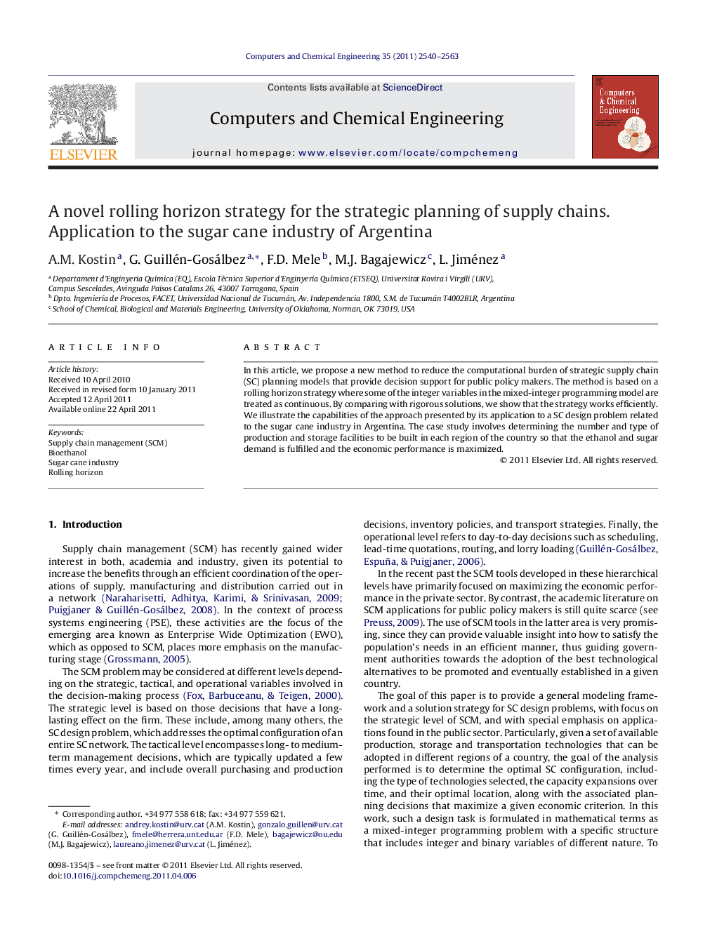 A novel rolling horizon strategy for the strategic planning of supply chains. Application to the sugar cane industry of Argentina