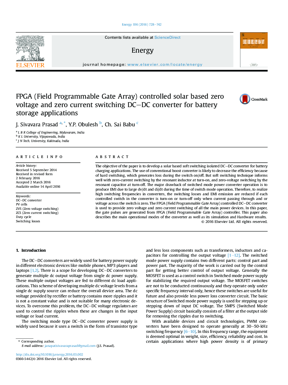 FPGA (Field Programmable Gate Array) controlled solar based zero voltage and zero current switching DC–DC converter for battery storage applications