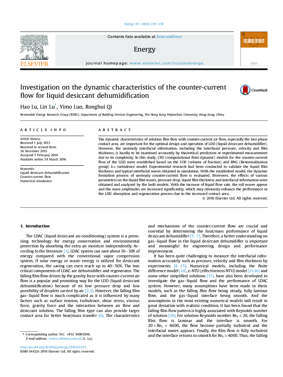 Investigation on the dynamic characteristics of the counter-current flow for liquid desiccant dehumidification