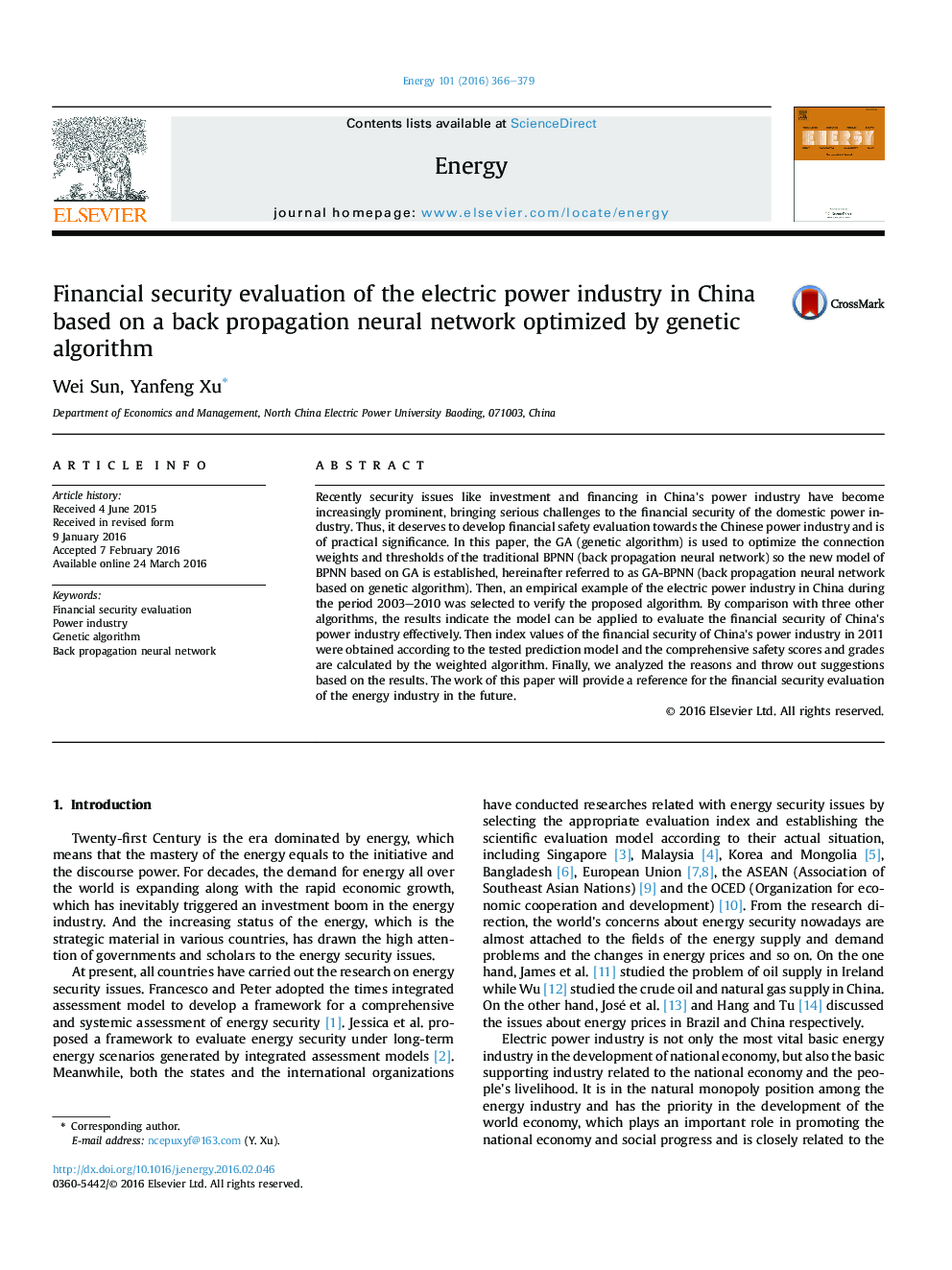 Financial security evaluation of the electric power industry in China based on a back propagation neural network optimized by genetic algorithm