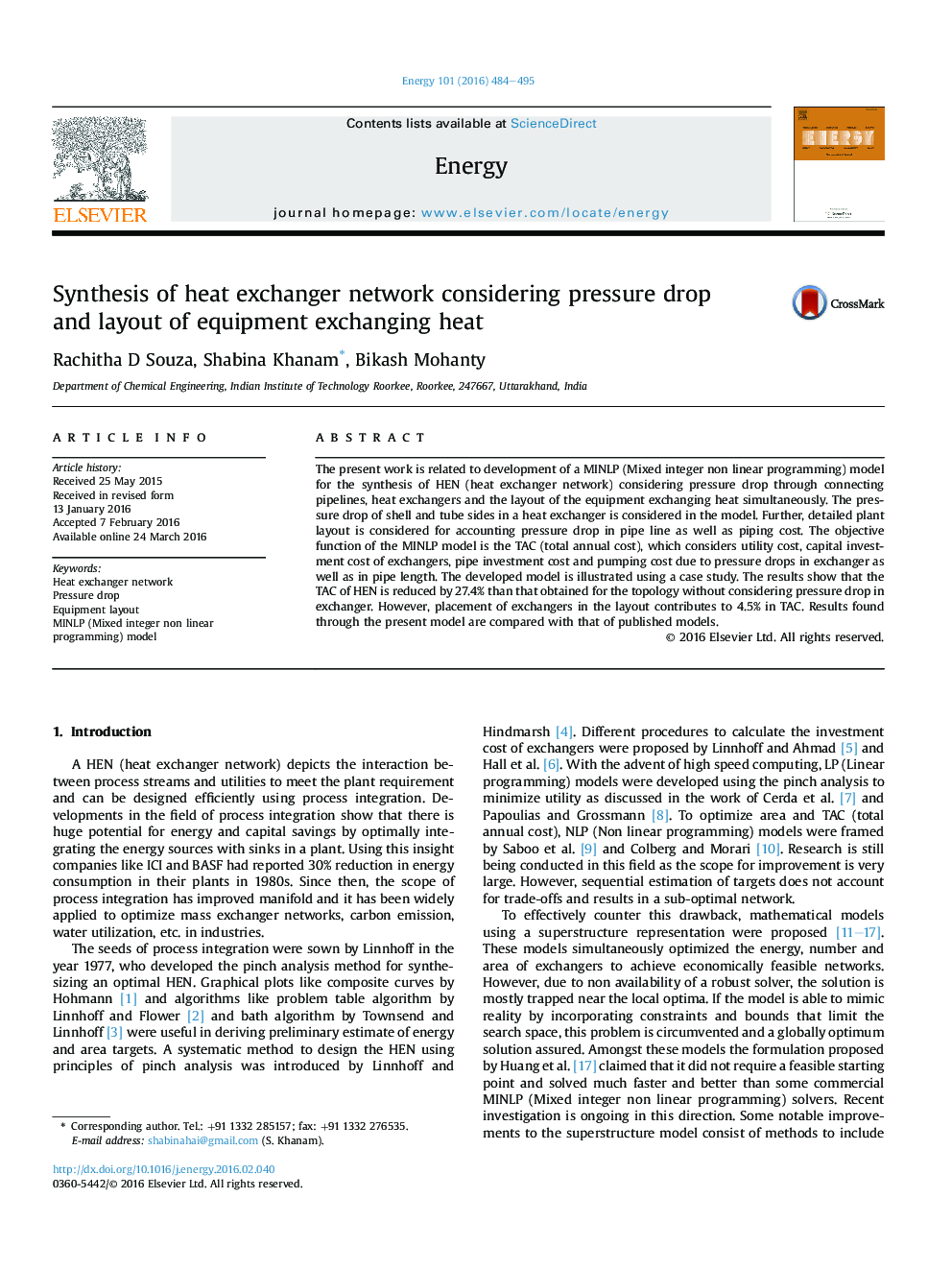 Synthesis of heat exchanger network considering pressure drop and layout of equipment exchanging heat