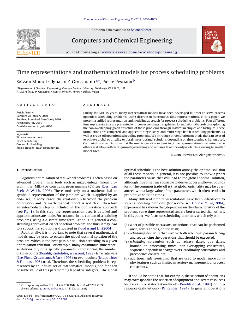 Time representations and mathematical models for process scheduling problems