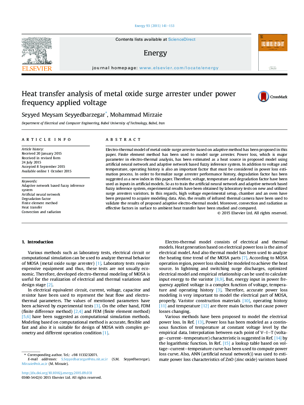 Heat transfer analysis of metal oxide surge arrester under power frequency applied voltage
