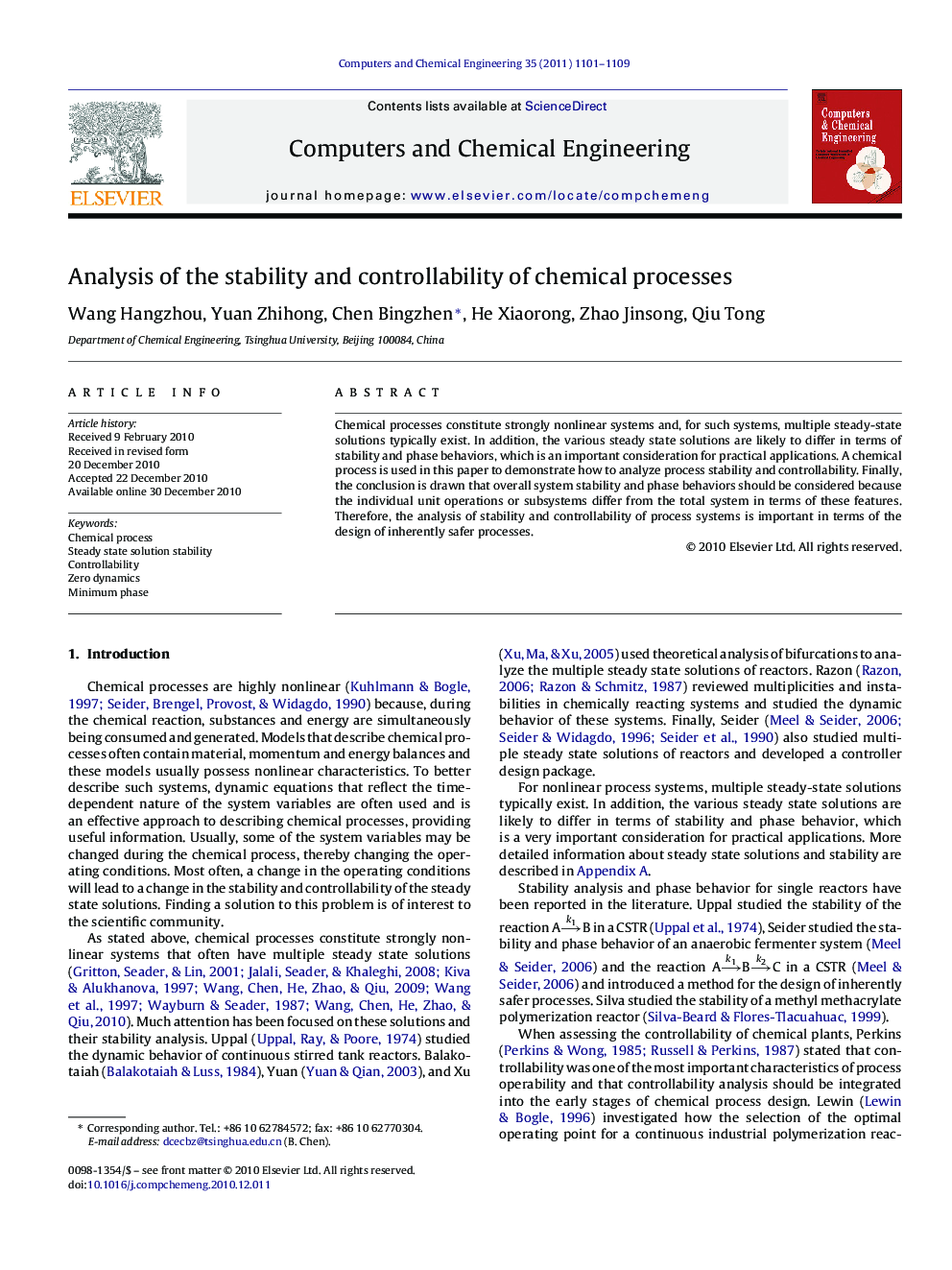 Analysis of the stability and controllability of chemical processes
