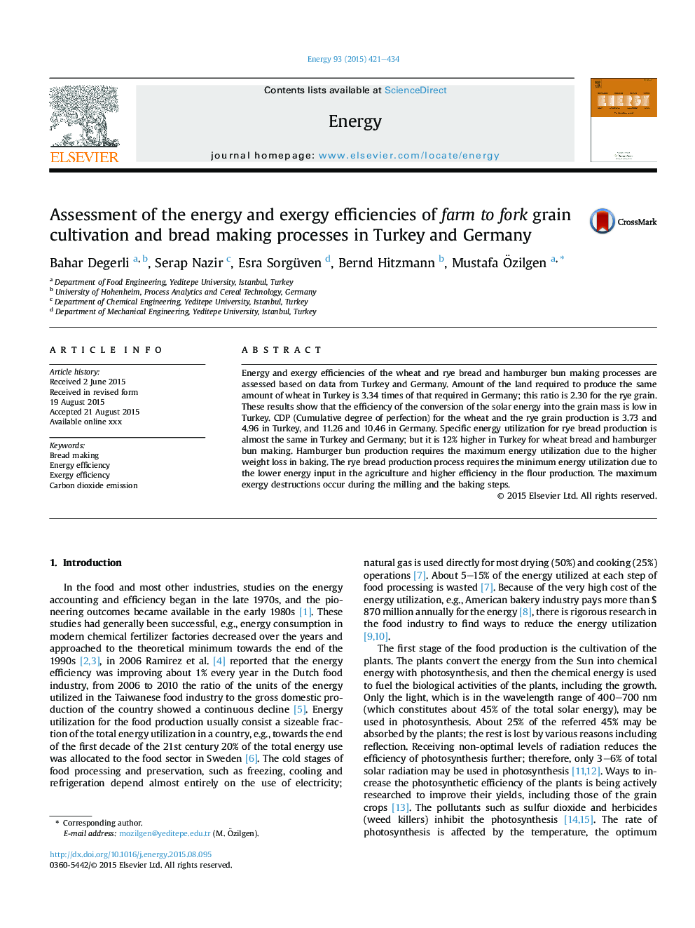 Assessment of the energy and exergy efficiencies of farm to fork grain cultivation and bread making processes in Turkey and Germany