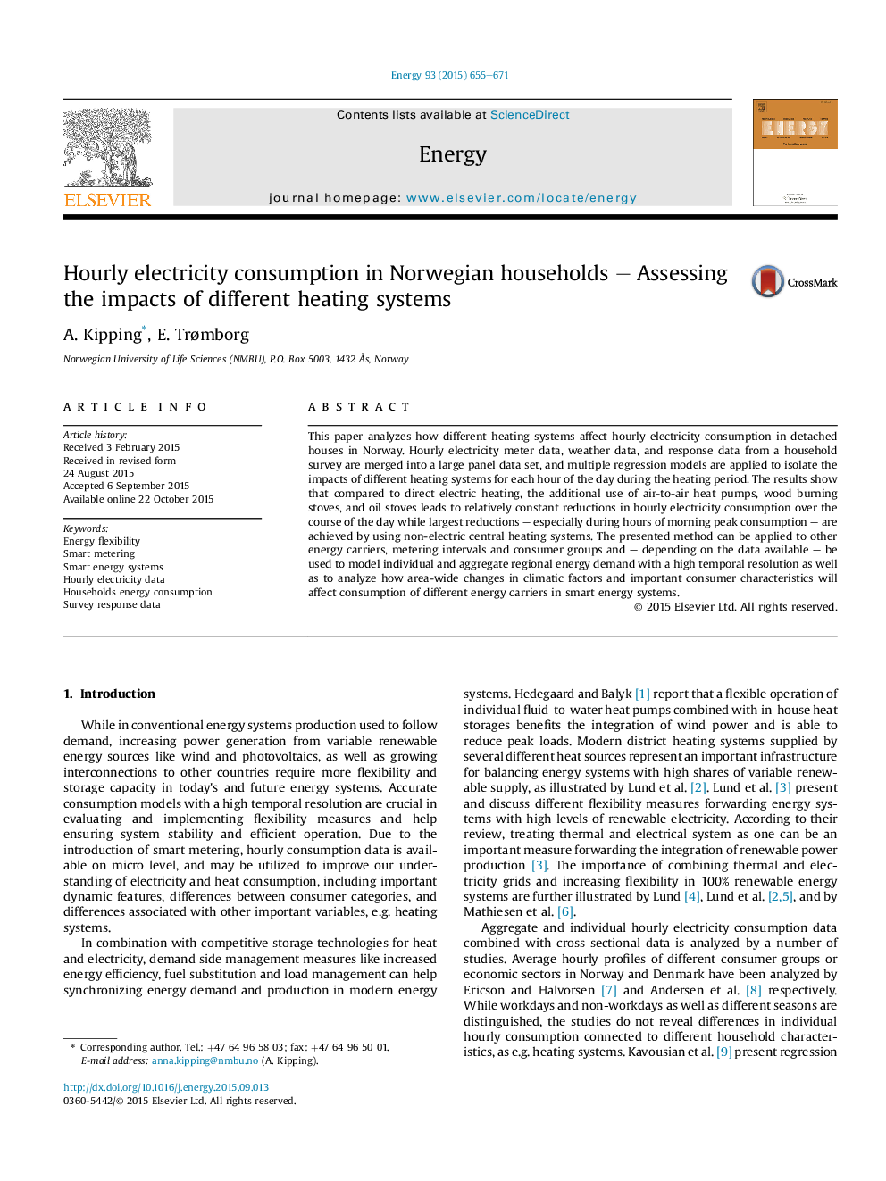 Hourly electricity consumption in Norwegian households – Assessing the impacts of different heating systems