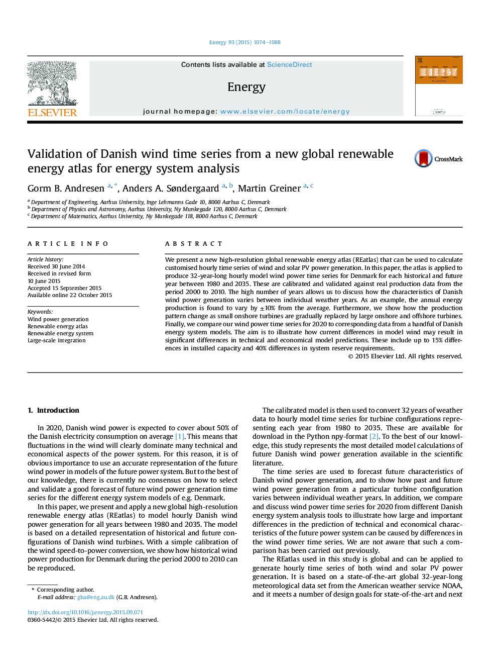 Validation of Danish wind time series from a new global renewable energy atlas for energy system analysis