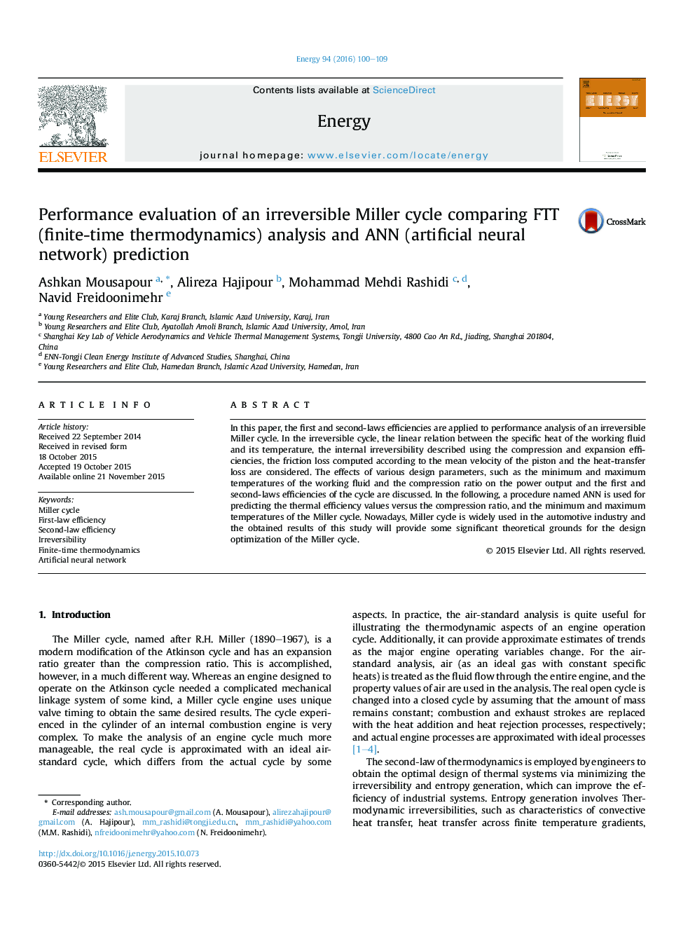 Performance evaluation of an irreversible Miller cycle comparing FTT (finite-time thermodynamics) analysis and ANN (artificial neural network) prediction