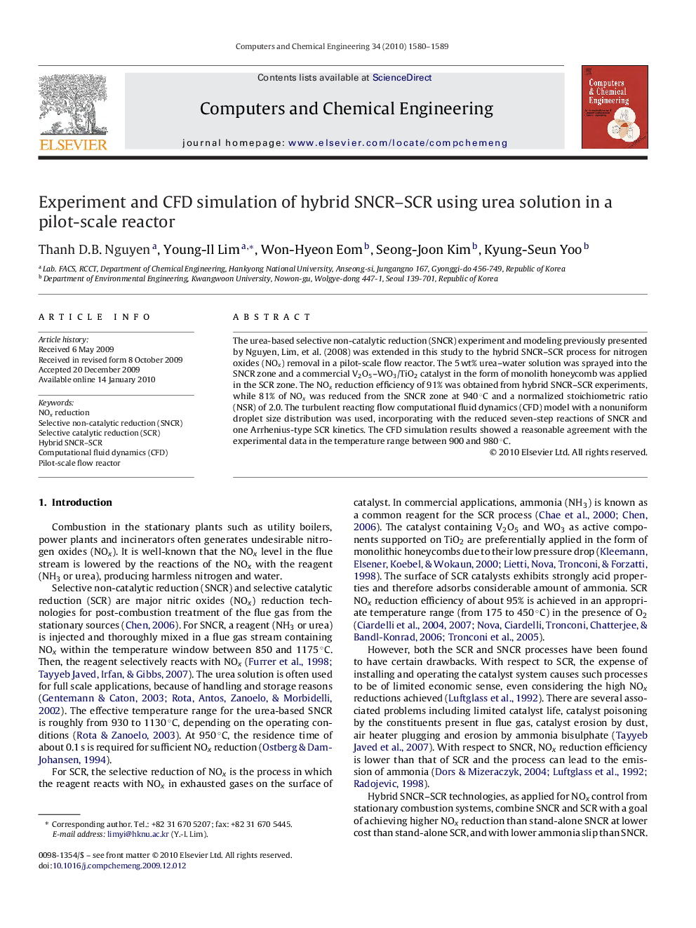 Experiment and CFD simulation of hybrid SNCR–SCR using urea solution in a pilot-scale reactor