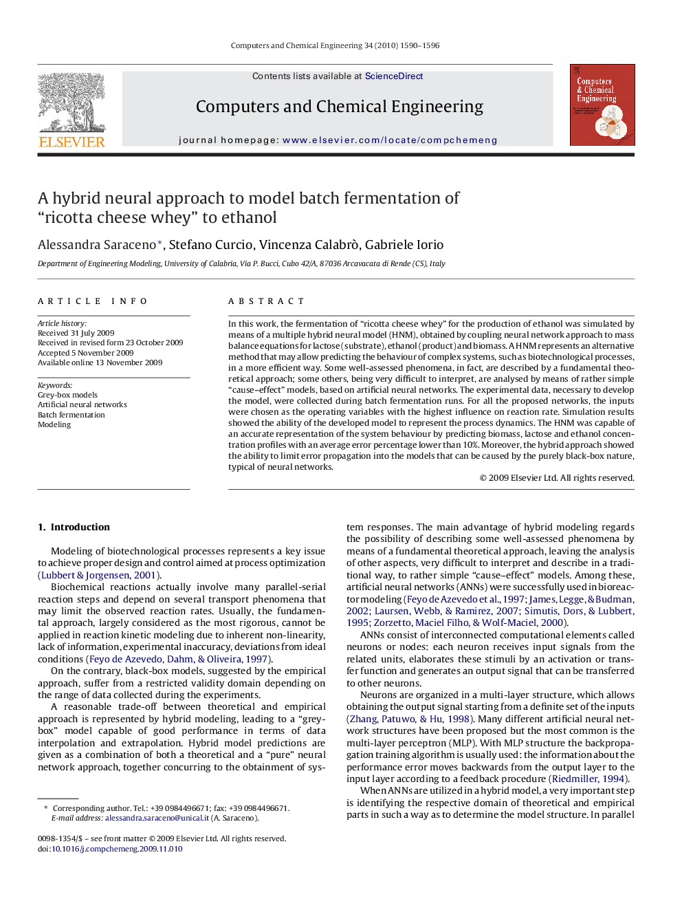 A hybrid neural approach to model batch fermentation of “ricotta cheese whey” to ethanol