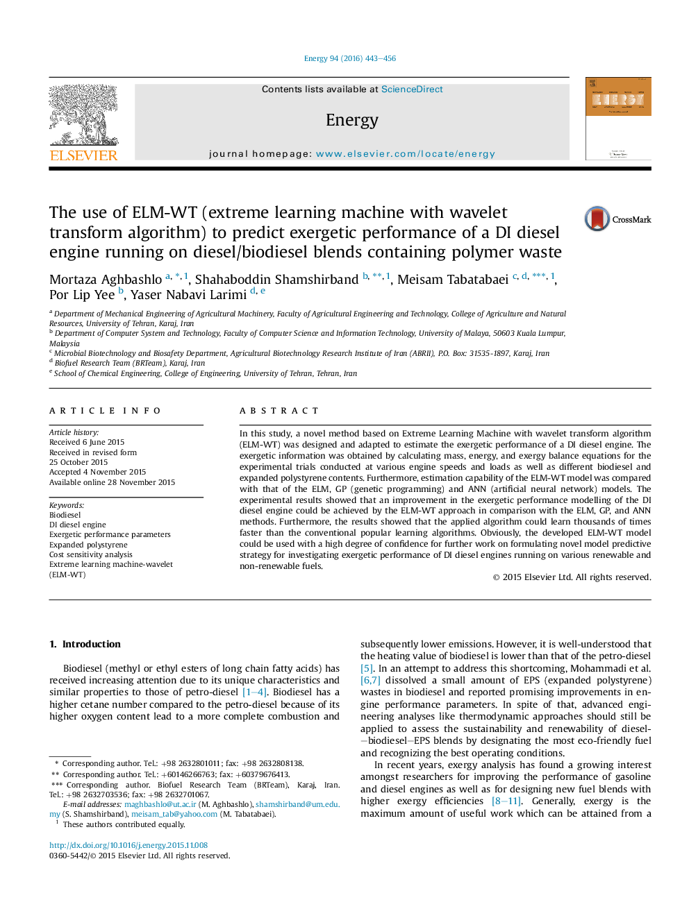 The use of ELM-WT (extreme learning machine with wavelet transform algorithm) to predict exergetic performance of a DI diesel engine running on diesel/biodiesel blends containing polymer waste