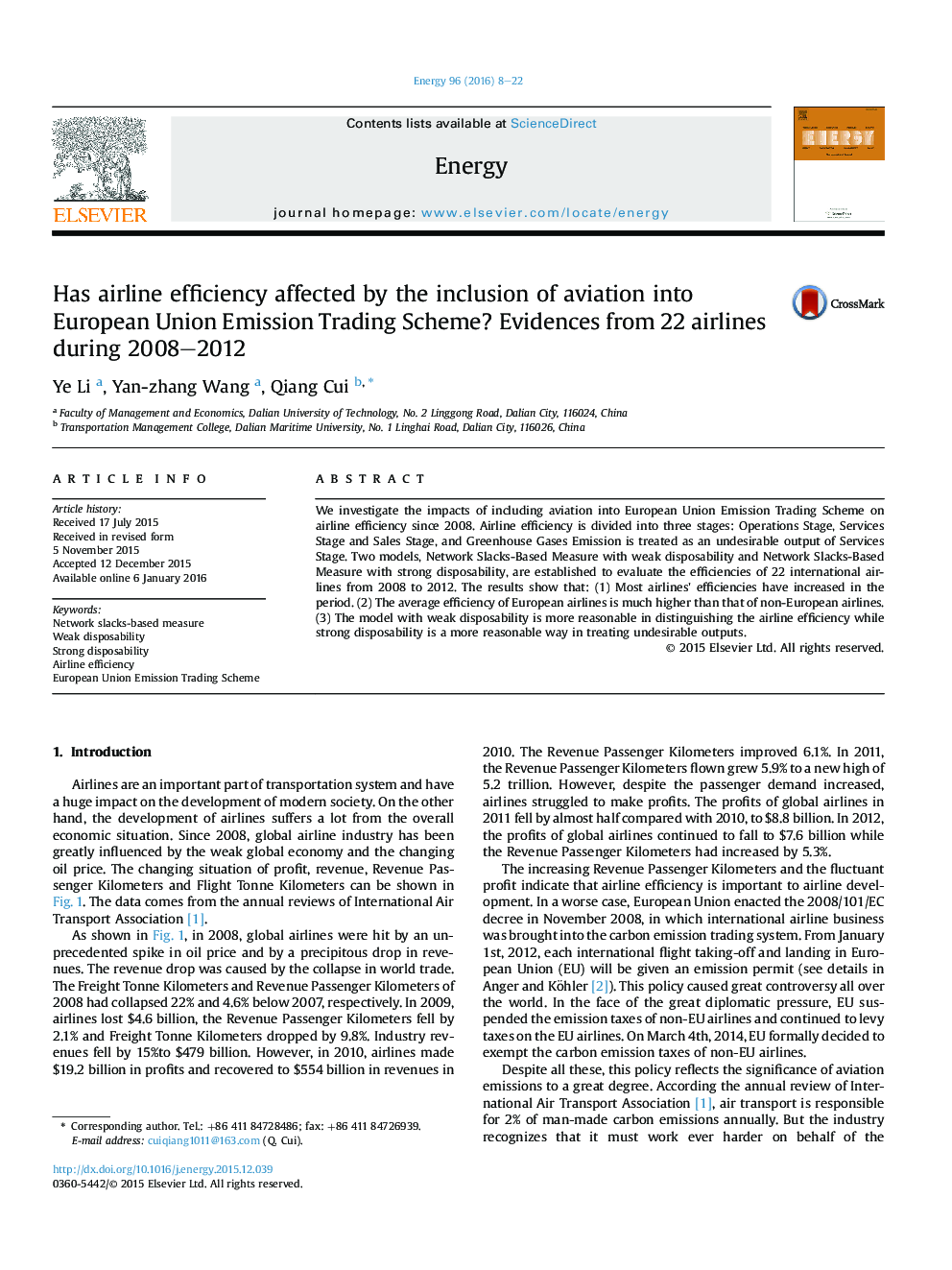 Has airline efficiency affected by the inclusion of aviation into European Union Emission Trading Scheme? Evidences from 22 airlines during 2008–2012