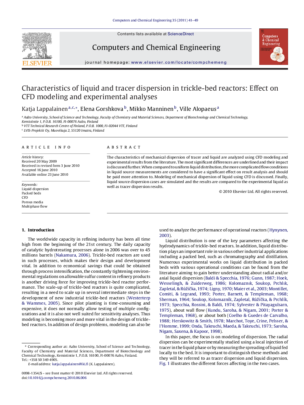 Characteristics of liquid and tracer dispersion in trickle-bed reactors: Effect on CFD modeling and experimental analyses