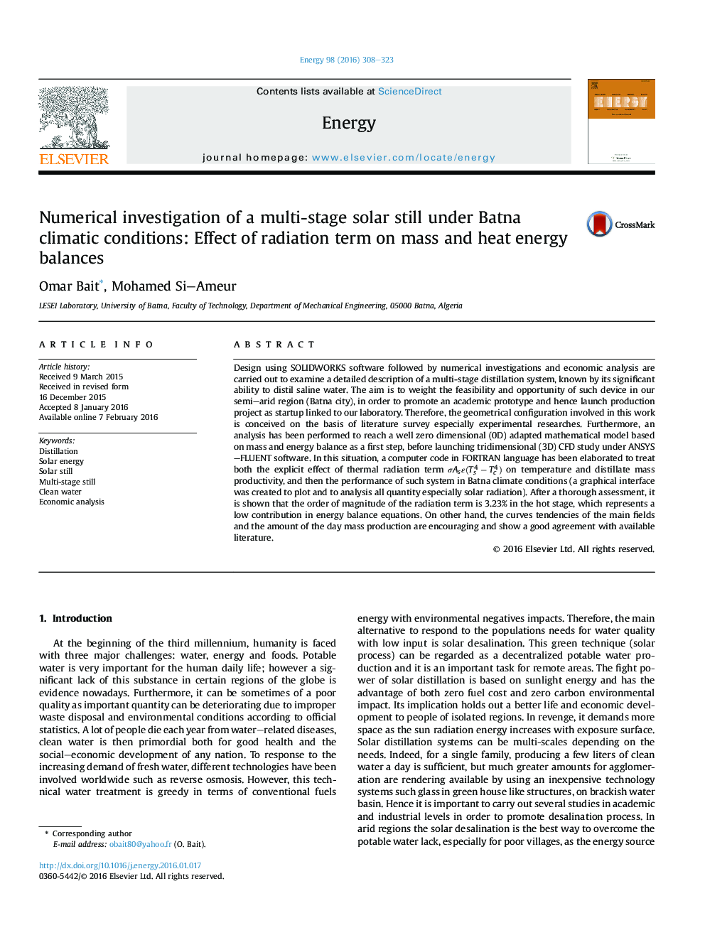 Numerical investigation of a multi-stage solar still under Batna climatic conditions: Effect of radiation term on mass and heat energy balances