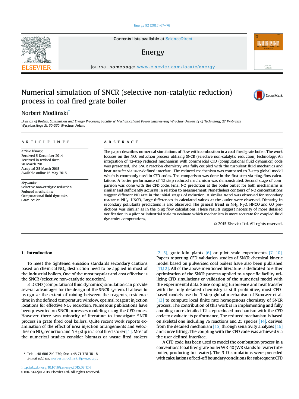 Numerical simulation of SNCR (selective non-catalytic reduction) process in coal fired grate boiler