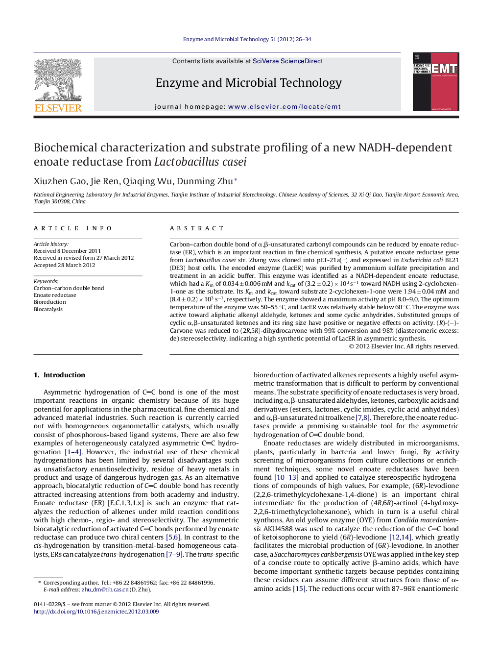 Biochemical characterization and substrate profiling of a new NADH-dependent enoate reductase from Lactobacillus casei