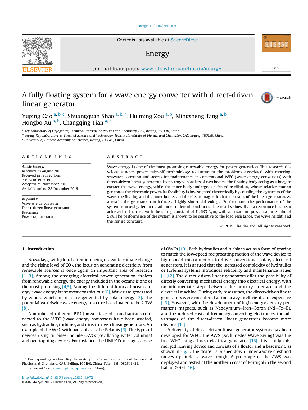 A fully floating system for a wave energy converter with direct-driven linear generator