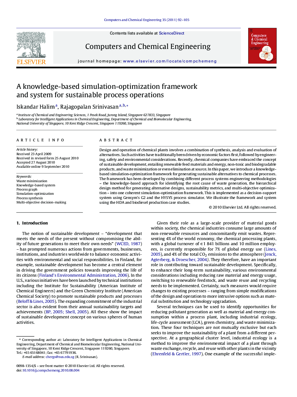 A knowledge-based simulation-optimization framework and system for sustainable process operations