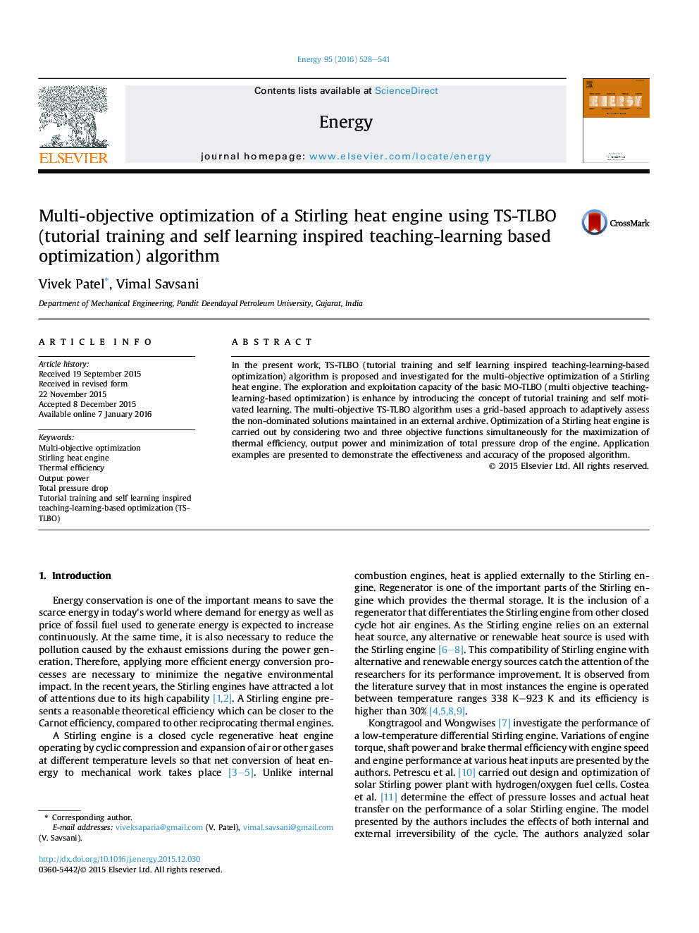 Multi-objective optimization of a Stirling heat engine using TS-TLBO (tutorial training and self learning inspired teaching-learning based optimization) algorithm