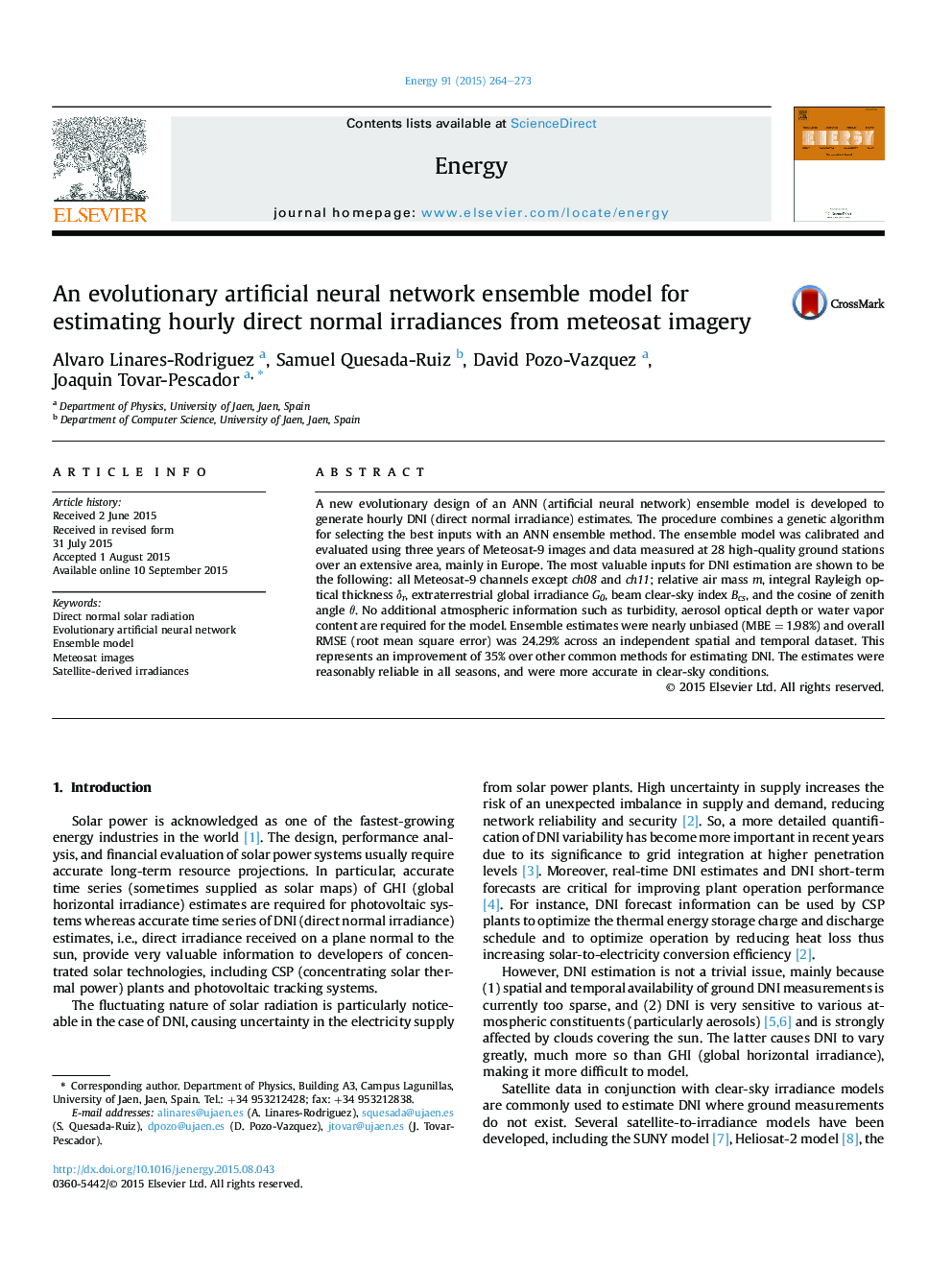 An evolutionary artificial neural network ensemble model for estimating hourly direct normal irradiances from meteosat imagery