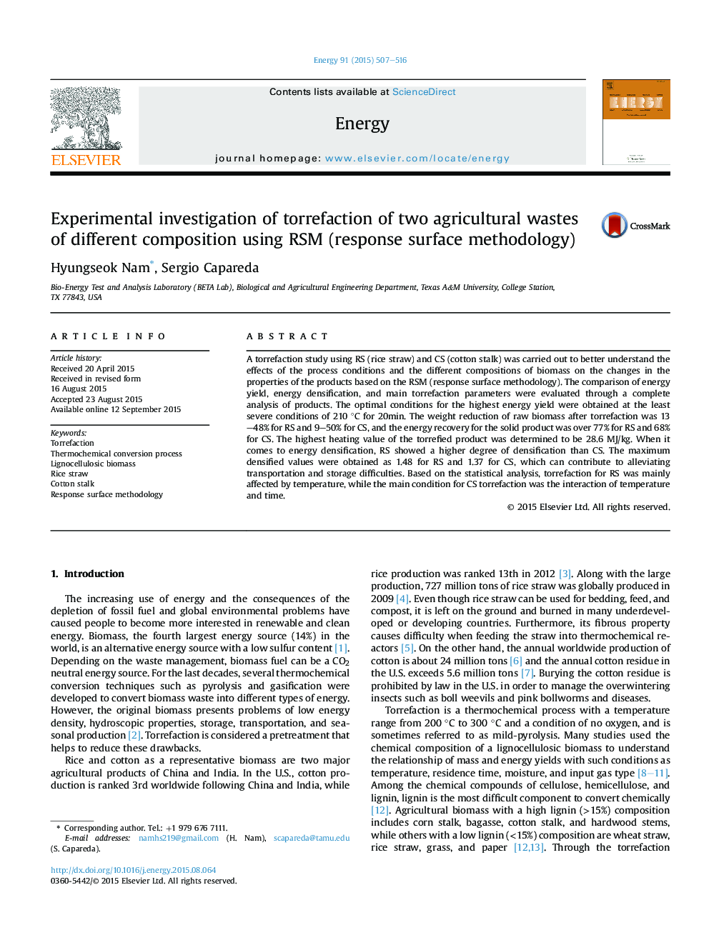 Experimental investigation of torrefaction of two agricultural wastes of different composition using RSM (response surface methodology)