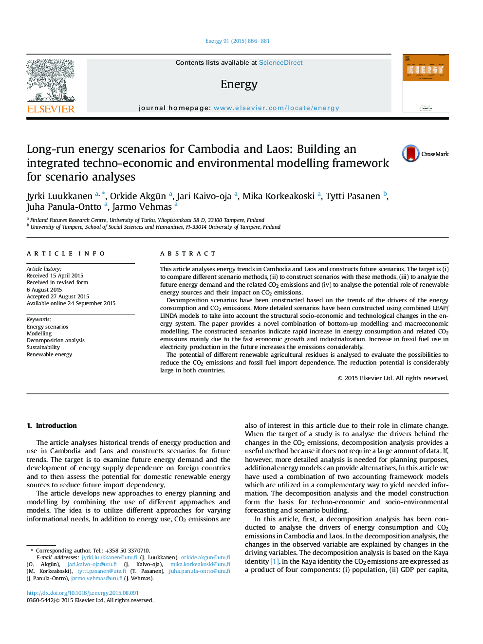 Long-run energy scenarios for Cambodia and Laos: Building an integrated techno-economic and environmental modelling framework for scenario analyses