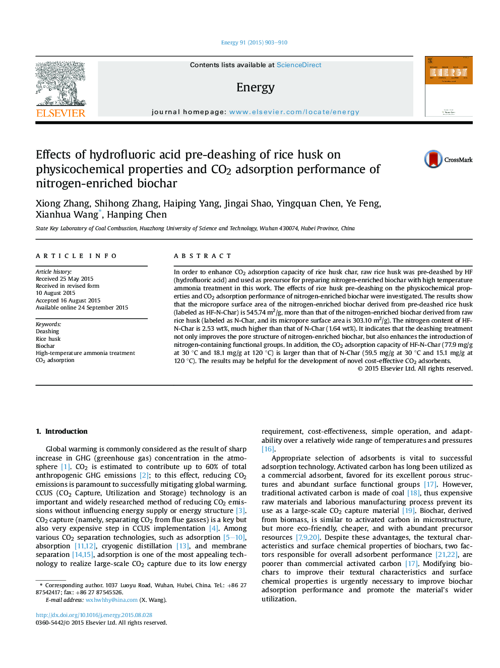 Effects of hydrofluoric acid pre-deashing of rice husk on physicochemical properties and CO2 adsorption performance of nitrogen-enriched biochar