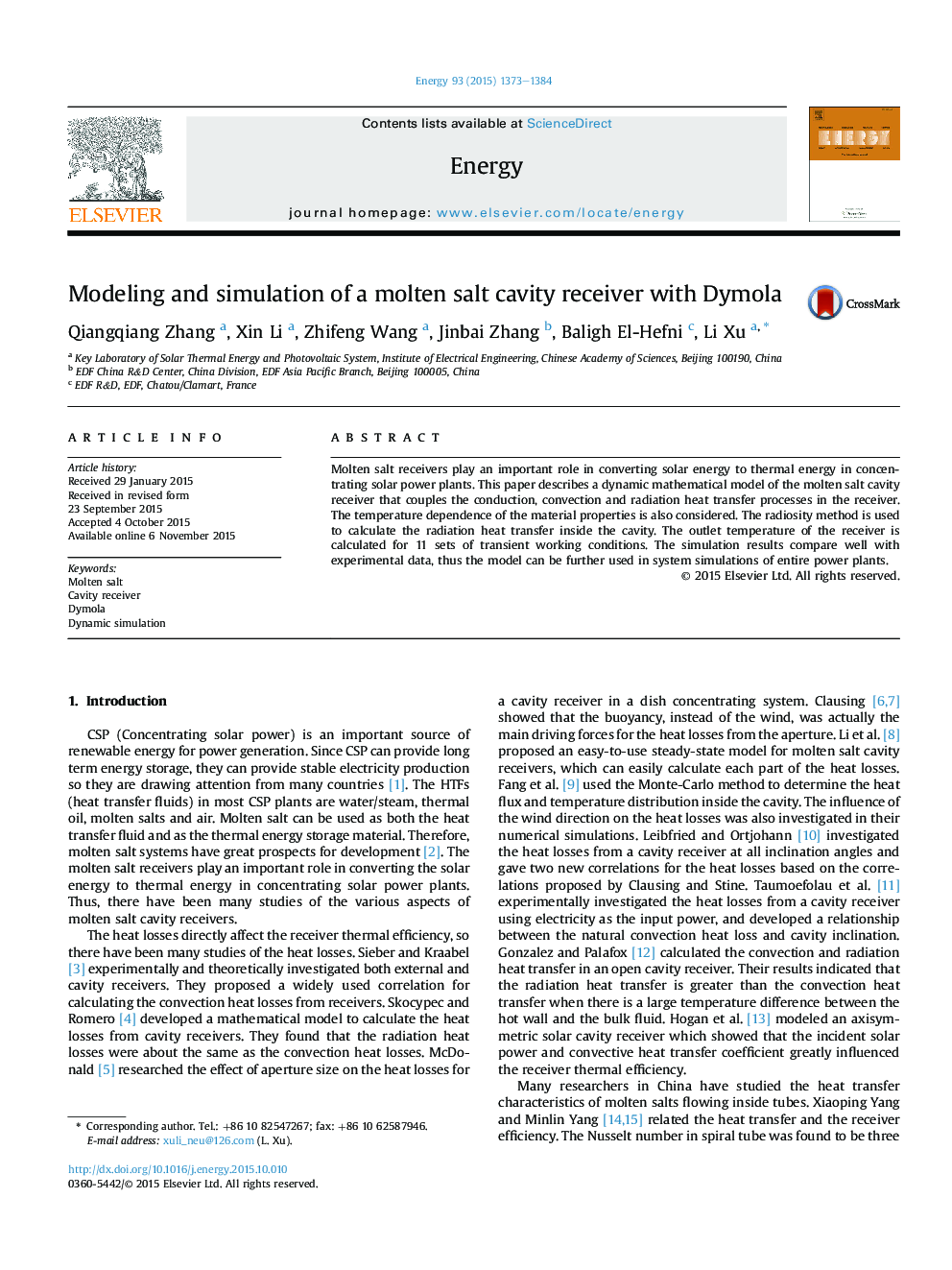 Modeling and simulation of a molten salt cavity receiver with Dymola