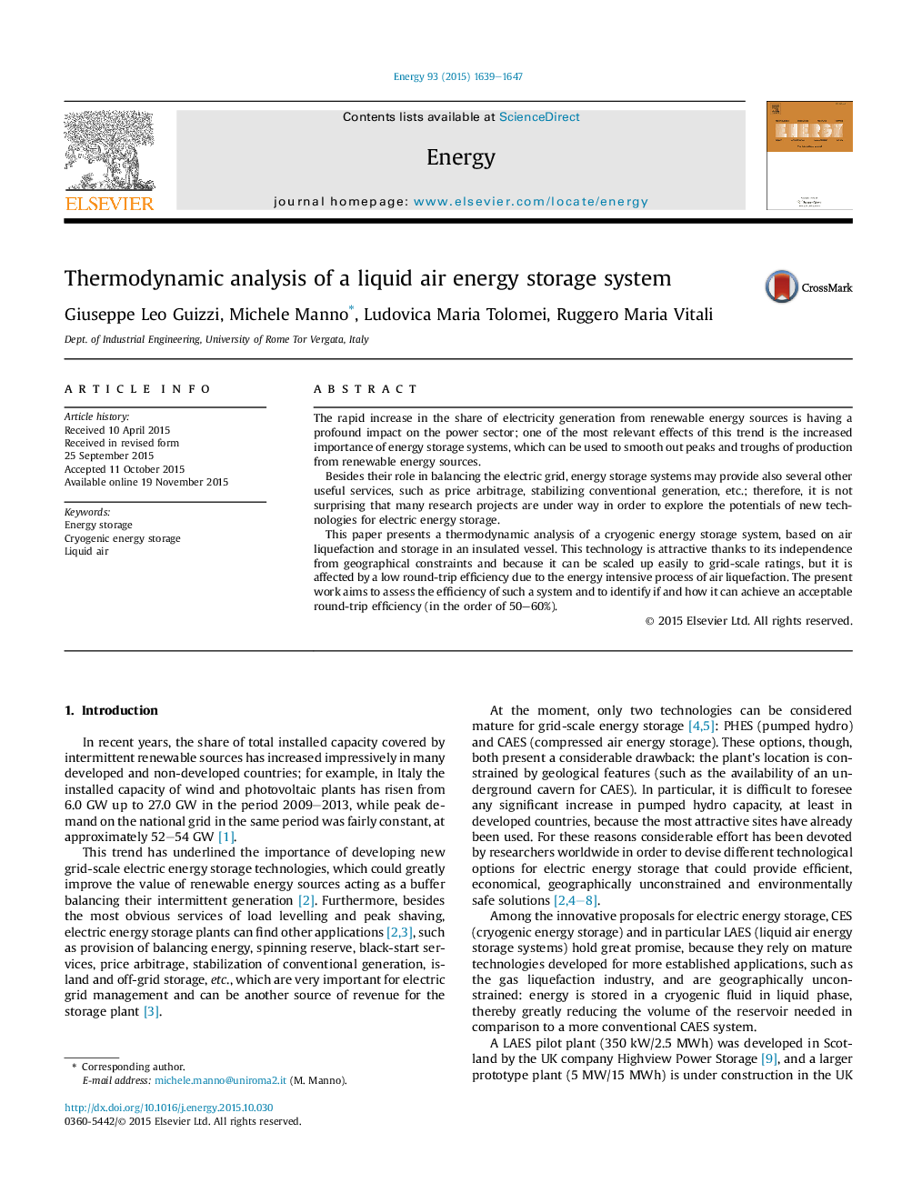 Thermodynamic analysis of a liquid air energy storage system