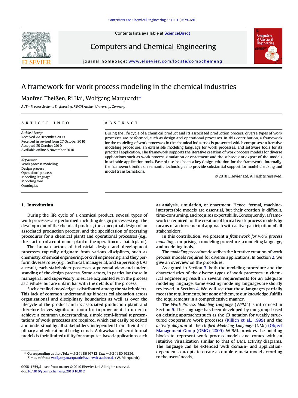 A framework for work process modeling in the chemical industries