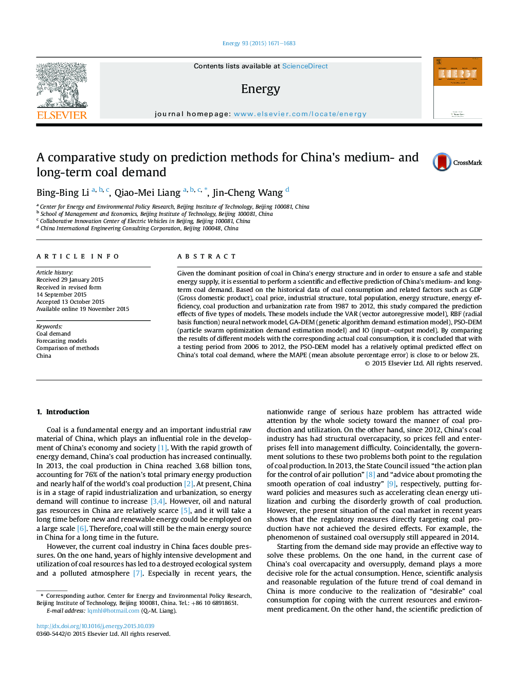 A comparative study on prediction methods for China's medium- and long-term coal demand