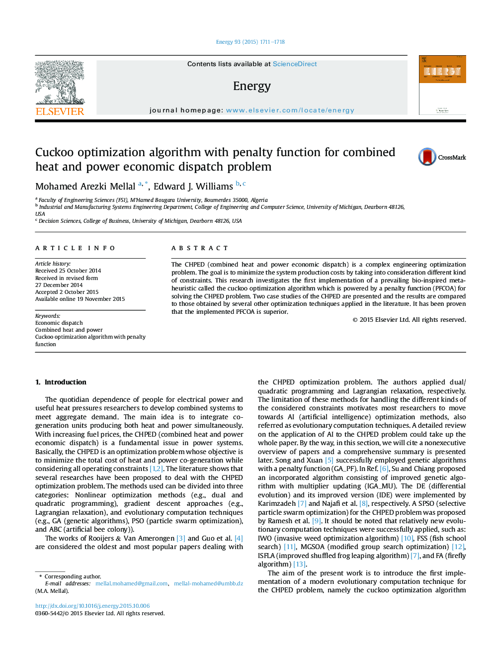 Cuckoo optimization algorithm with penalty function for combined heat and power economic dispatch problem