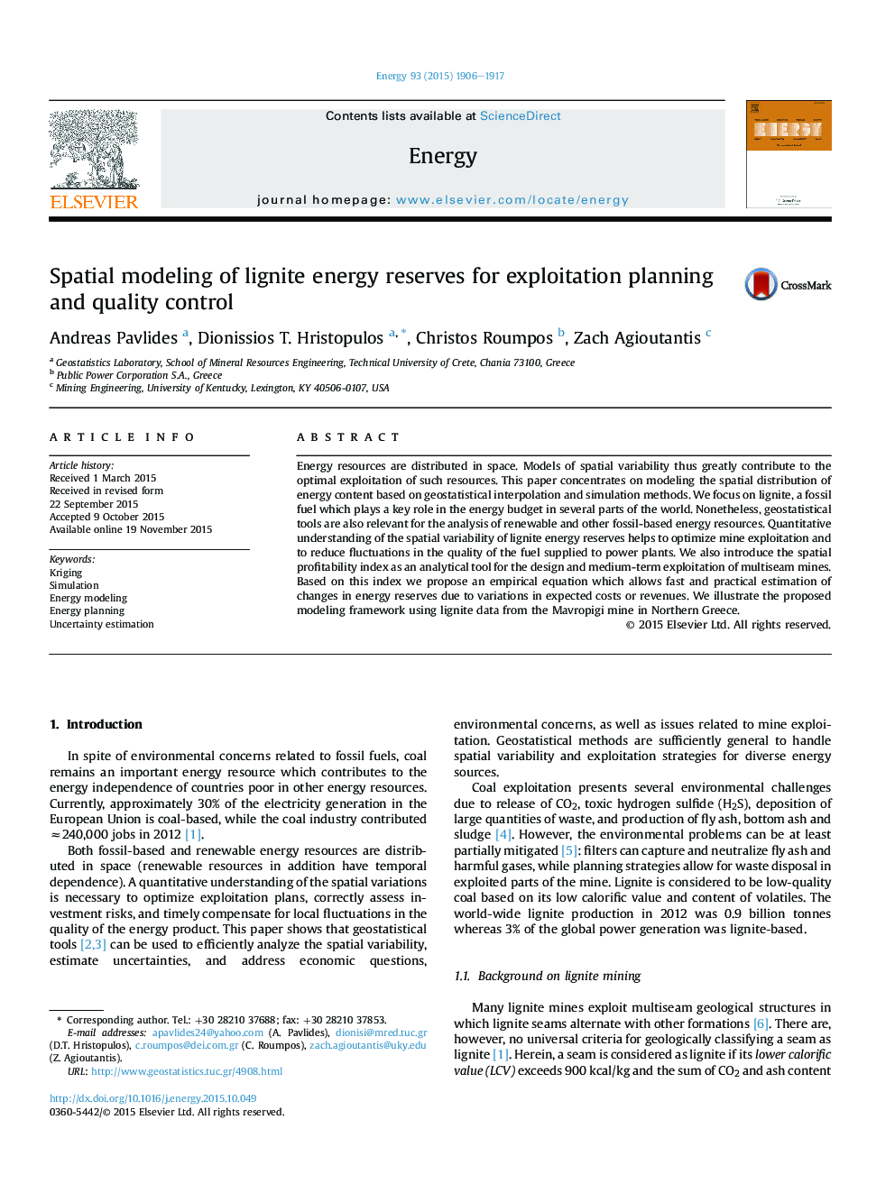 Spatial modeling of lignite energy reserves for exploitation planning and quality control