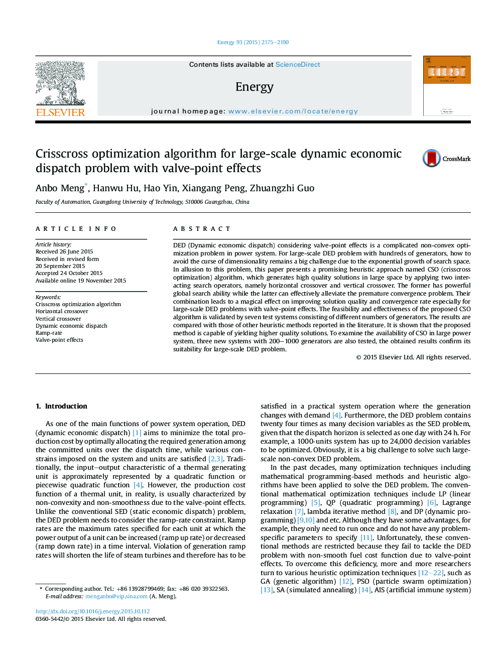 Crisscross optimization algorithm for large-scale dynamic economic dispatch problem with valve-point effects