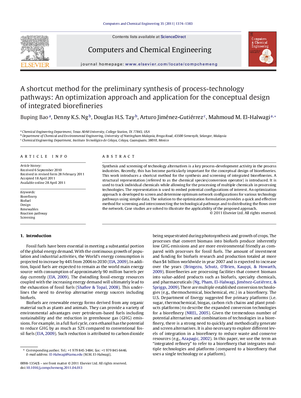 A shortcut method for the preliminary synthesis of process-technology pathways: An optimization approach and application for the conceptual design of integrated biorefineries