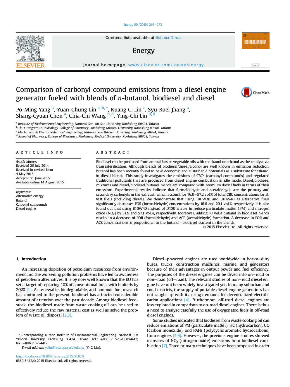 Comparison of carbonyl compound emissions from a diesel engine generator fueled with blends of n-butanol, biodiesel and diesel