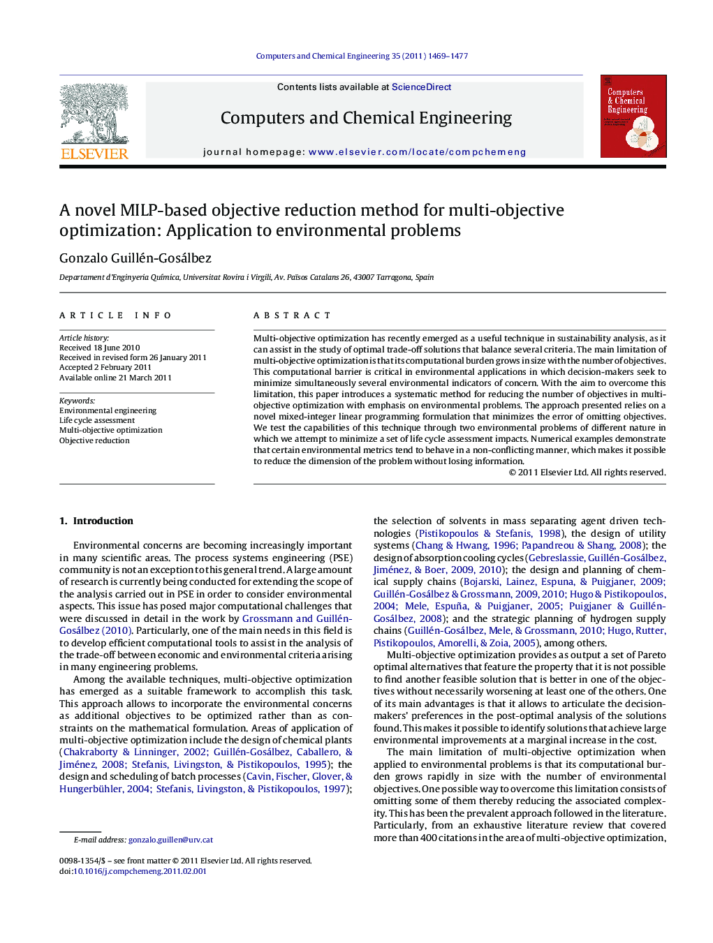 A novel MILP-based objective reduction method for multi-objective optimization: Application to environmental problems