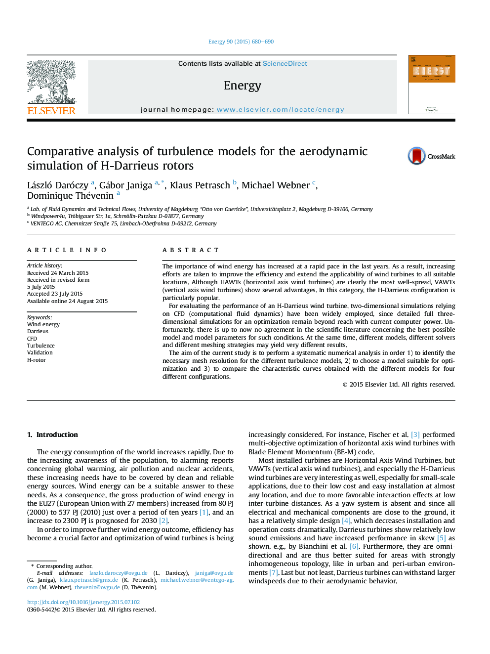 Comparative analysis of turbulence models for the aerodynamic simulation of H-Darrieus rotors