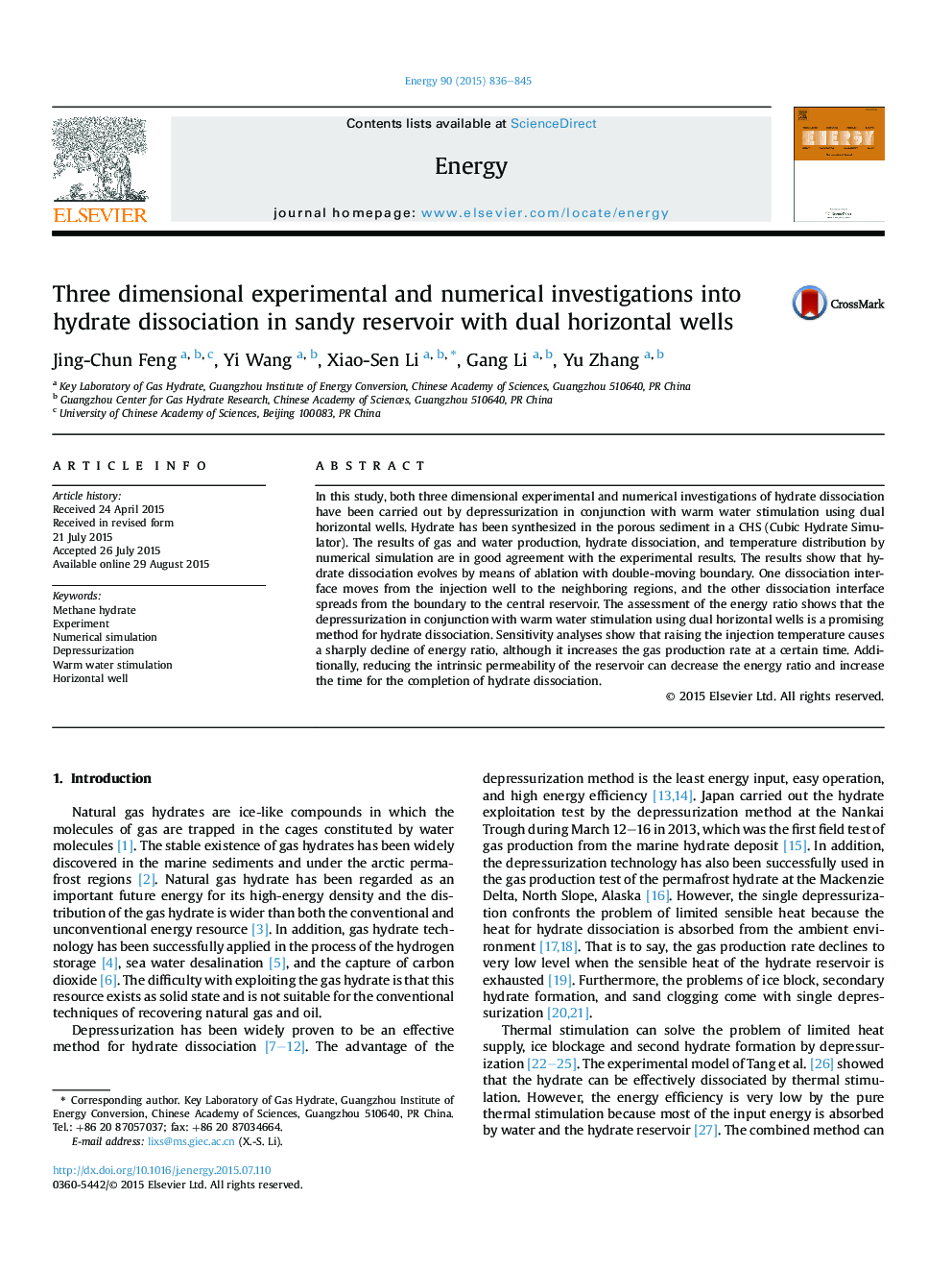 Three dimensional experimental and numerical investigations into hydrate dissociation in sandy reservoir with dual horizontal wells
